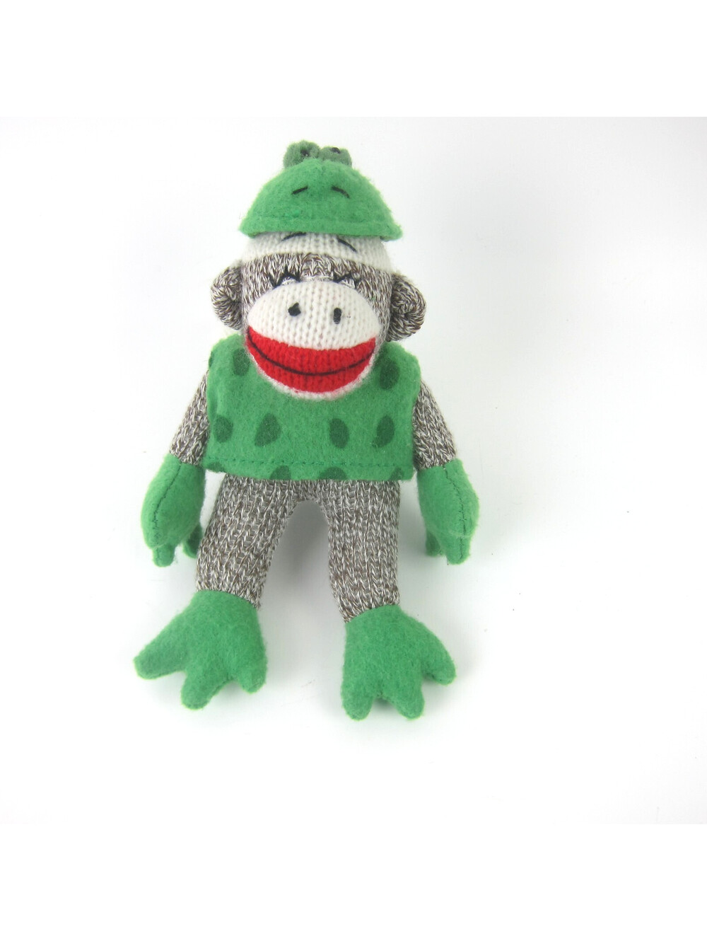 Vintage Sock Monkey Stuffed Animal Toy in Green Frog Costume 6.5" Handmade RARE
